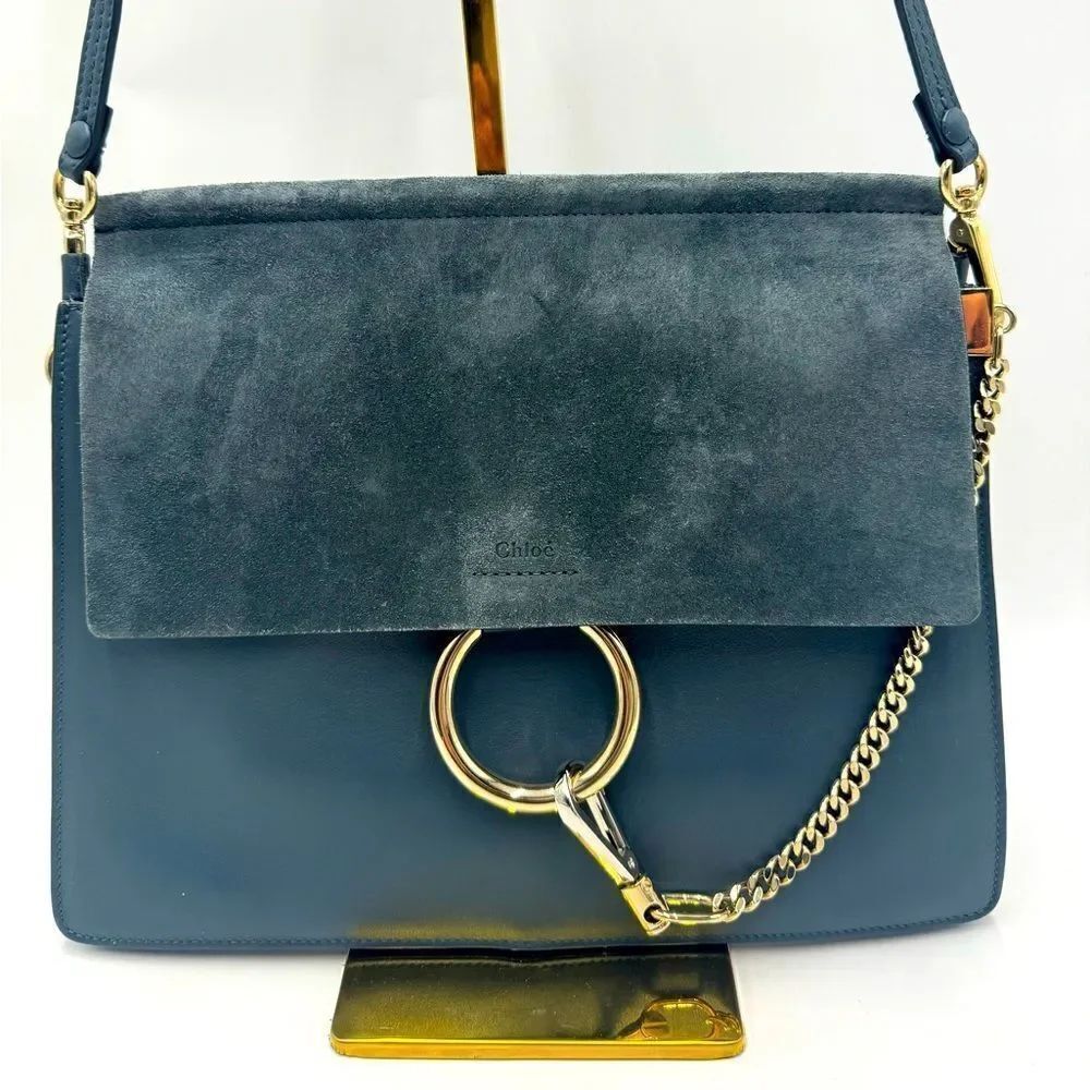 Auth Chloe Medium Cloudy Blue Calfskin Suede Leather Faye Shoulder Bag Clutch